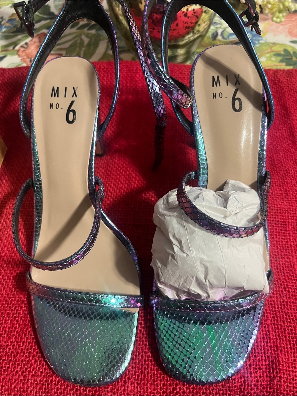 Mix No. 6 Iridescent Strappy Heels in Green and Purple